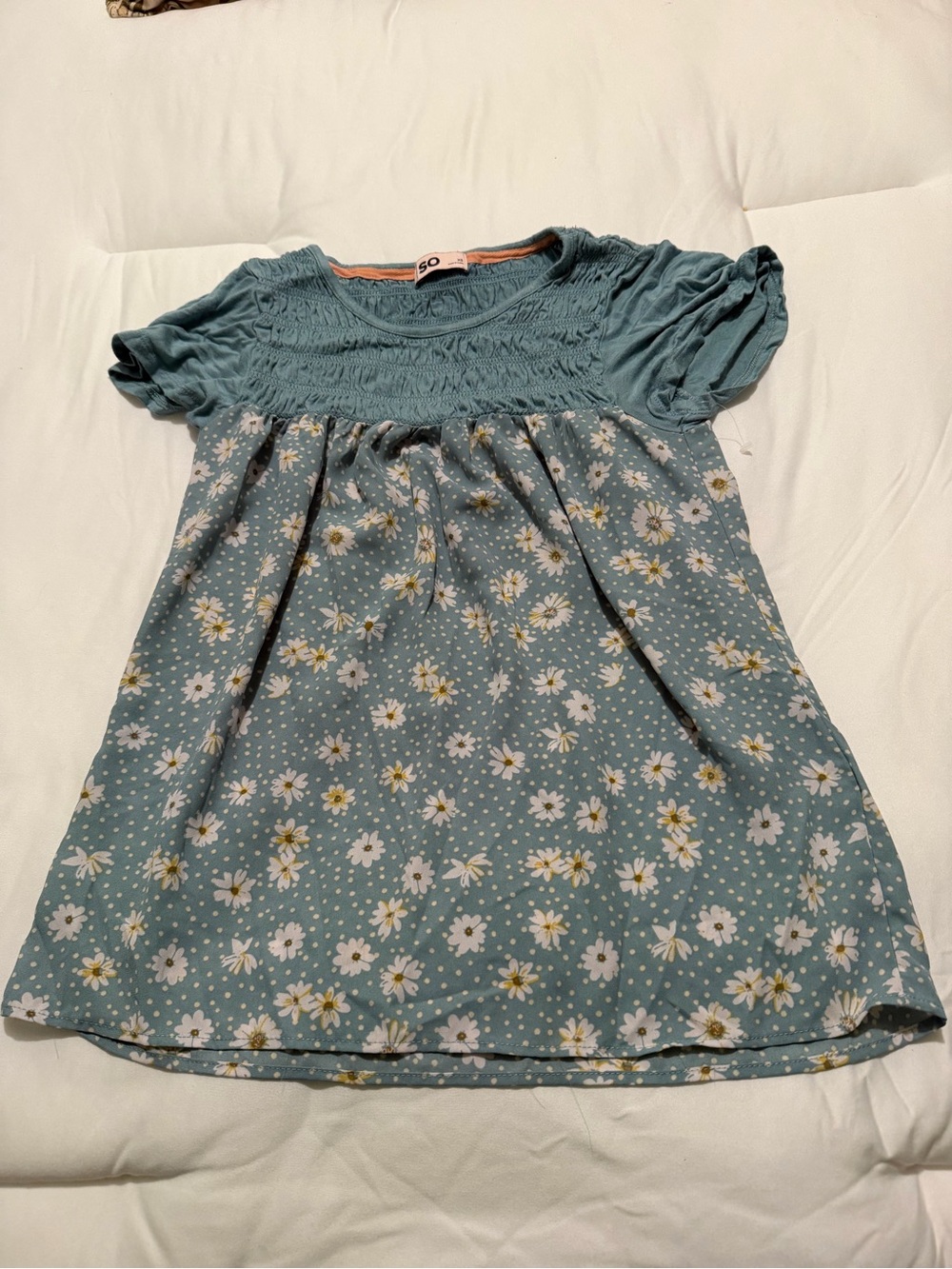 SO Light Blue Smocked Top with Peach Trim